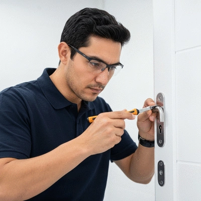Professional locksmith inspecting a door lock