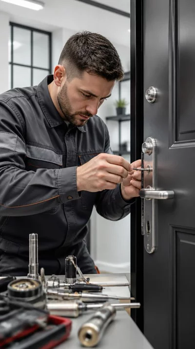 Professional locksmith working on a door lock with tools, focus on security and efficiency