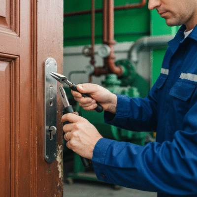 Serrurier en uniforme ouvrant une porte avec des outils spécialisés, vue de près sur les mains et la serrure, ambiance professionnelle et sécurisée