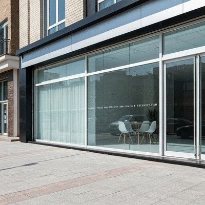 Modern storefront with reinforced glass and security film, showing a sense of protection and reliability