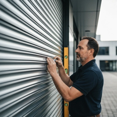 Professional installing a metal rolling shutter on a commercial building
