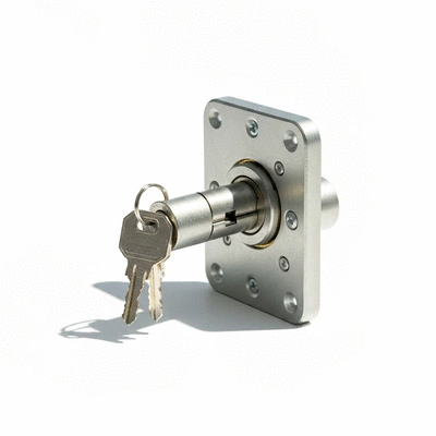 Close-up of a modern high-security door lock cylinder with keys, clean background, no text, no words, no typography