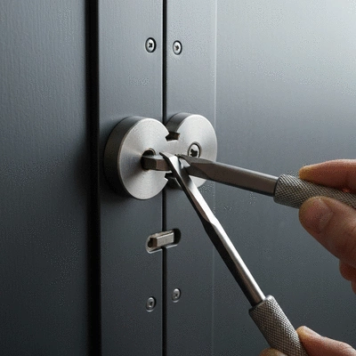 Gros plan sur une serrure de porte blindée avec des outils de serrurier, démontrant une ouverture sans dommage, lumière douce, ambiance de précision