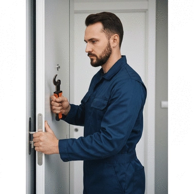 Serrurier en uniforme ouvrant une porte avec des outils, ambiance d'urgence, no text, no words, no typography, 8K
