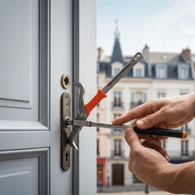 Serrurier ouvrant une porte avec des outils, ambiance professionnelle, Clichy en arrière-plan flou
