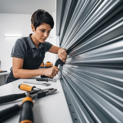 Expert serrurier travaillant sur l'installation d'un rideau métallique, avec des outils et un équipement professionnel.