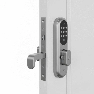 Gros plan sur une serrure A2P install&eacute;e sur une porte d'entr&eacute;e moderne