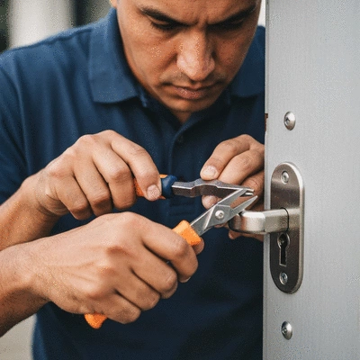 Professional locksmith working on a door lock