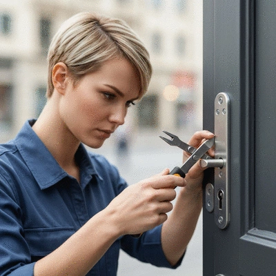 Serrurier examinant une serrure de porte, gros plan sur les mains et la serrure, ambiance professionnelle, no text, no words, no typography, clean image, 8K