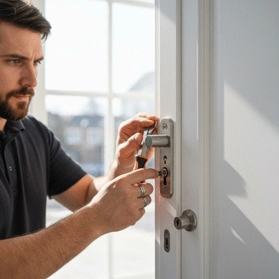 Serrurier installant une serrure haute s&eacute;curit&eacute; sur une porte &agrave; Clichy