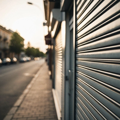 Rideau métallique de sécurité enroulé devant une devanture de magasin, avec un fond urbain flou.