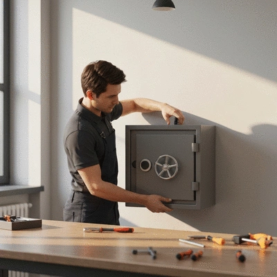 Professional installing a wall-mounted safe with tools