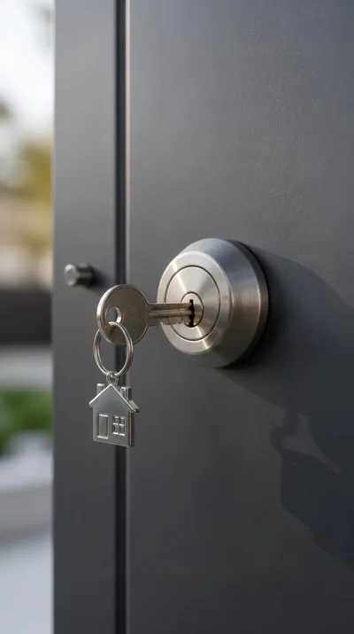 Close-up of a modern secure door lock with keys, symbolizing protection