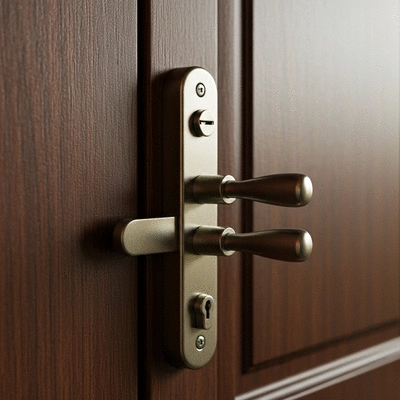 Serrure multipoints installée sur une porte en bois, gros plan, sécurité renforcée
