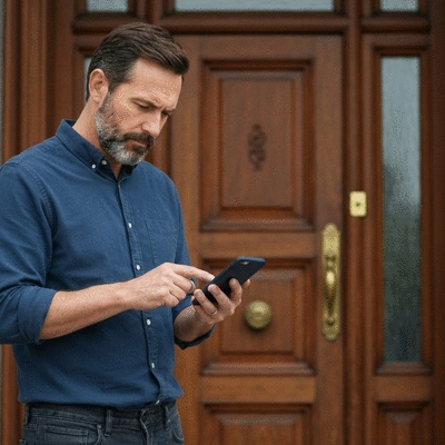 Homme composant un numéro de téléphone sur un smartphone, avec un arrière-plan flou d'une porte d'entrée, no text, no words, no typography, 8K