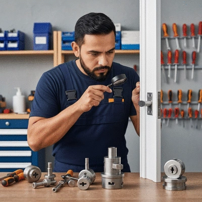 Professional locksmith inspecting a door lock, with various tools and different types of security cylinders on a workbench in the background