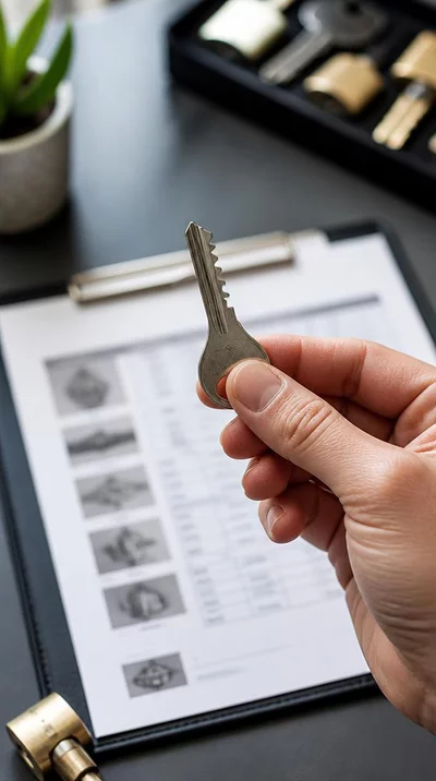 Gros plan sur une main tenant une clé, avec un devis de serrurerie détaillé en arrière-plan flou, no text, no words, no typography, clean image