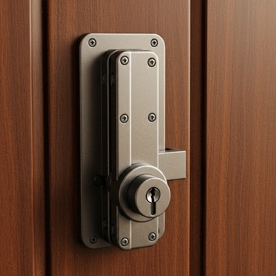 Modern reinforced security lock on a wooden door