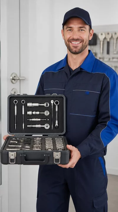 Un serrurier professionnel en uniforme, souriant et confiant, tenant une boîte à outils ouverte avec divers outils de serrurerie, dans un environnement de travail propre et organisé.