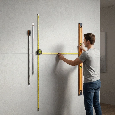 Outils de mesure et de marquage sur un mur pour l'installation d'un coffre-fort encastrable