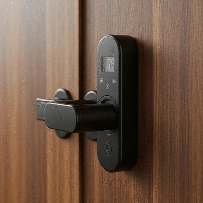 Modern electronic smart lock on a wooden door, close-up, no text, no words, no typography, clean image