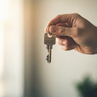 Main tenant une clé, gros plan, lumière douce, concept de sécurité et de confiance
