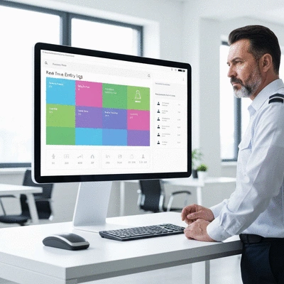 Security guard monitoring access control system on screen