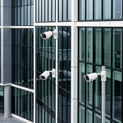 Modern office building exterior with security features