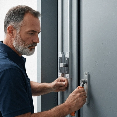 Serrurier installant un blindage de porte sur une porte d'appartement