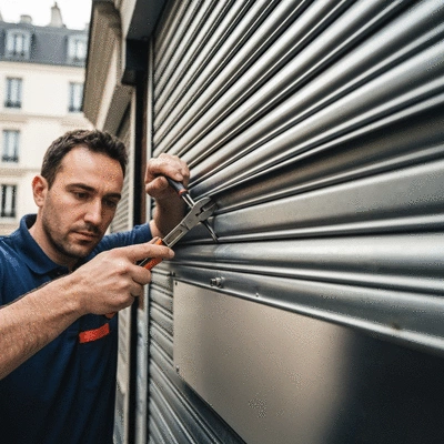 Serrurier réparant un rideau métallique bloqué avec des outils professionnels à Clichy