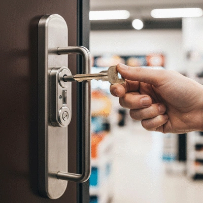 Gros plan sur une main tenant une clé devant une serrure de haute sécurité, fond flou d'un commerce, lumière douce.