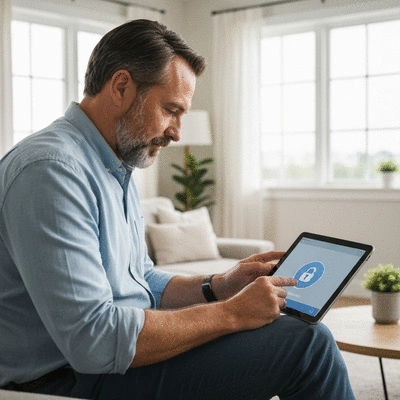 Person evaluating security options for their home on a tablet, with a secure door icon on screen