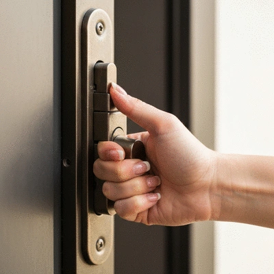 Close-up of a hand testing the strength of a secure door lock, no text, no words, no typography, 8K, natural lighting