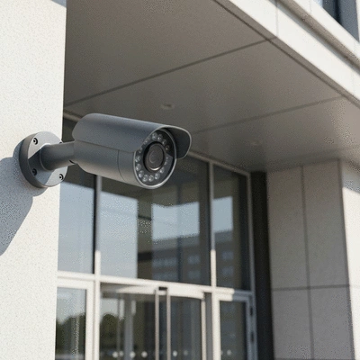 Security camera monitoring an office building entrance