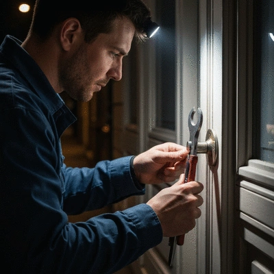 Serrurier de nuit en pleine intervention dans la rue à Clichy, ambiance nocturne, lumière faible