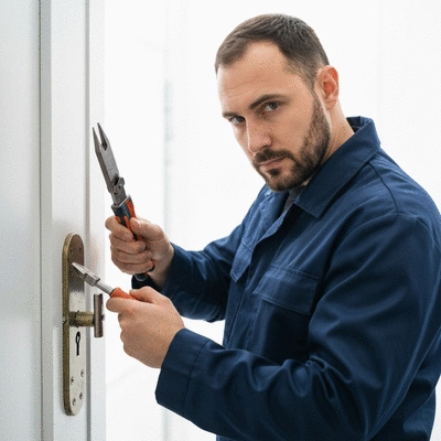 Serrurier en uniforme ouvrant une porte avec des outils, ambiance professionnelle et sécurisée
