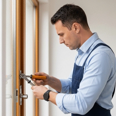 Serrurier professionnel ouvrant une porte claquée avec des outils spécialisés, lumière naturelle, ambiance calme, no text, no words, no typography, 8K