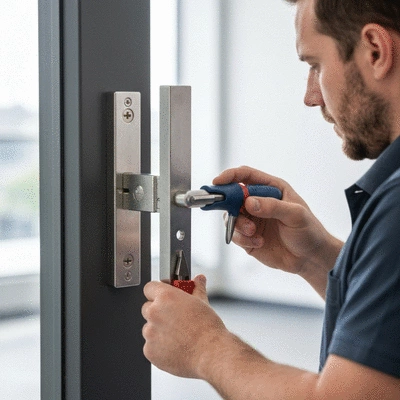 Un serrurier professionnel en uniforme travaillant sur une serrure de porte, outils à la main, dans un environnement propre et moderne