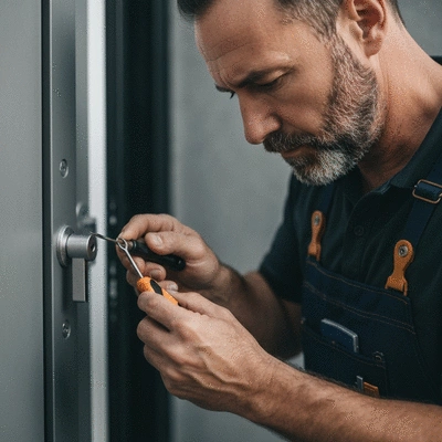 Professional locksmith inspecting a door lock for security upgrade