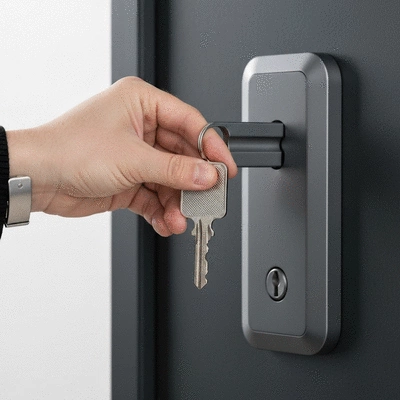 Main tenant une cl&eacute; devant une serrure de porte moderne