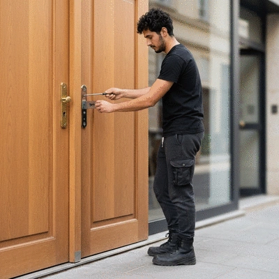 Serrurier installant une serrure haute sécurité sur une porte de commerce à Clichy