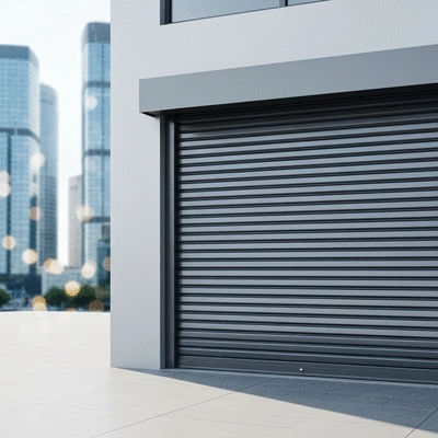 Modern electric metal rolling shutter for a storefront, partially open