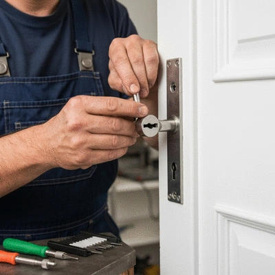 Serrurier working on a door lock, tools visible, professional setting, no text, no words, no typography, clean image