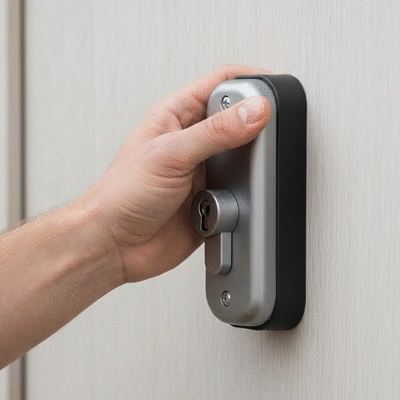 Main tenant une clé devant une porte sécurisée