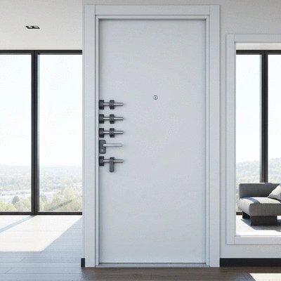 Modern apartment door with a visible multipoint lock mechanism, clean, bright, secure