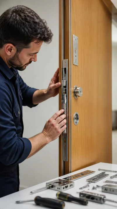 Gros plan d'un serrurier installant une nouvelle serrure multipoints sur une porte en bois, avec des outils et des composants de serrure visibles, mettant l'accent sur la sécurité et la précision.
