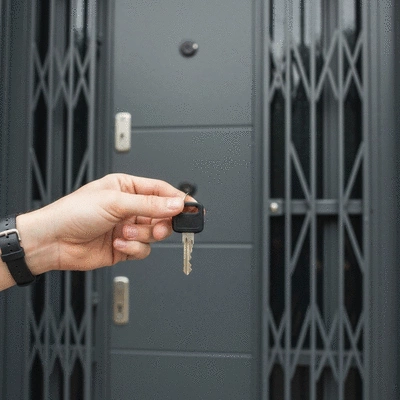 Main tenant une clé devant une porte blindée moderne